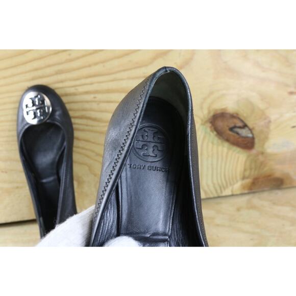 Tory Burch Shoes Women 8M Reva Black Leather Gold Color Logo Ballet Flats - Picture 5 of 9